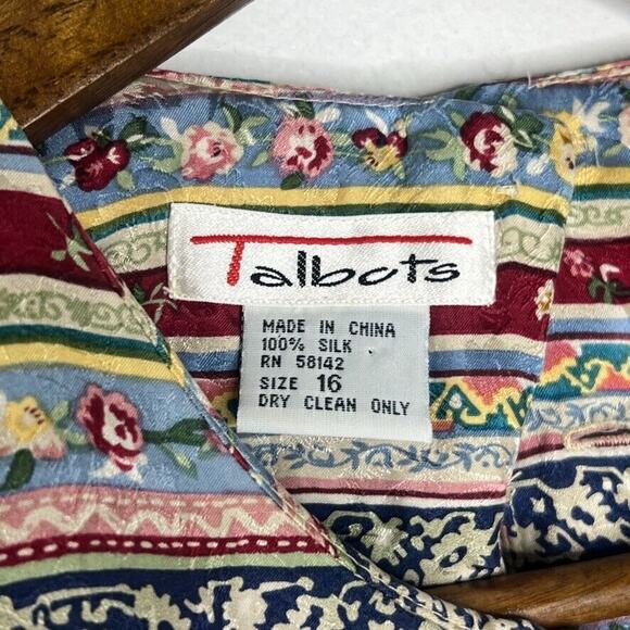 Talbots 100% Silk Vintage Floral Crew Neck Long Sleeve Shirt Size 16 Women - Picture 6 of 10